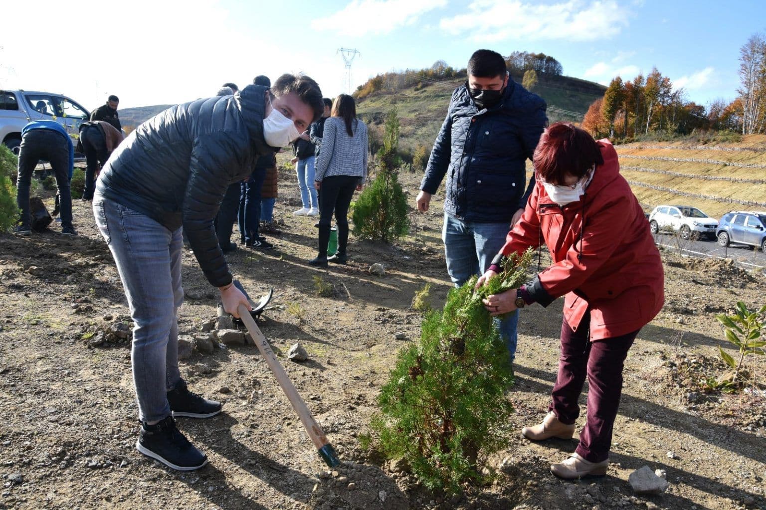 Participants planting saplings at a tree-planting event